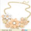 Golden Fashion Necklace Jewelry with Salmon and White Stone Flowers