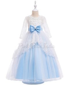 Baby Girl Blue White Princess Birthday Party Dress, Kids Gown