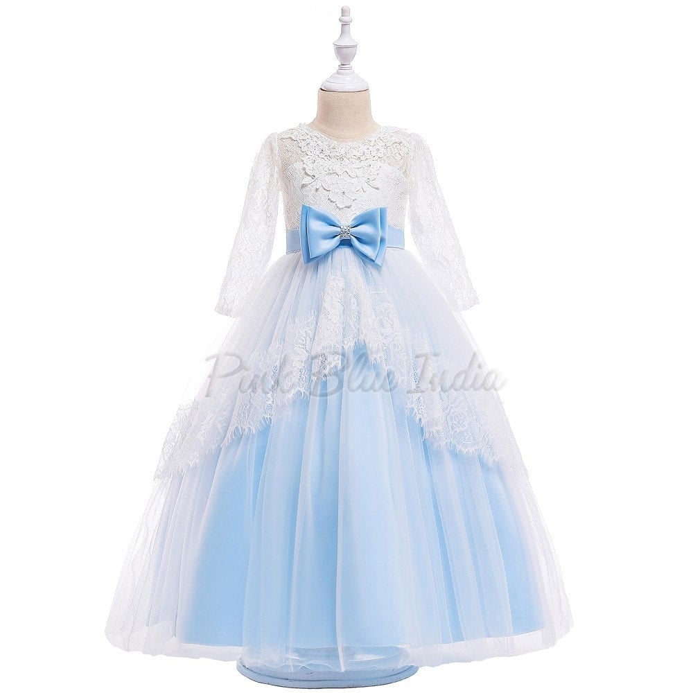 Baby Girl Blue White Princess Birthday Party Dress, Kids Gown