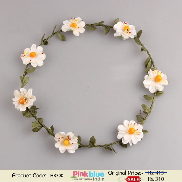 Gorgeous Princess Tiara Headband with White Flowers and Green Leaves