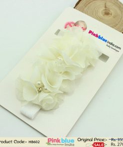 Gorgeous Off White Infant Headband with Three Flowers and Embellishments