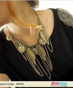 Gorgeous Vintage Costume Jewelry with Chains, Coins and Leaf Hanging Pendants