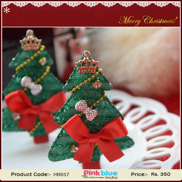Cute Green and Red Christmas Tree Hair Clip For Infant Girl