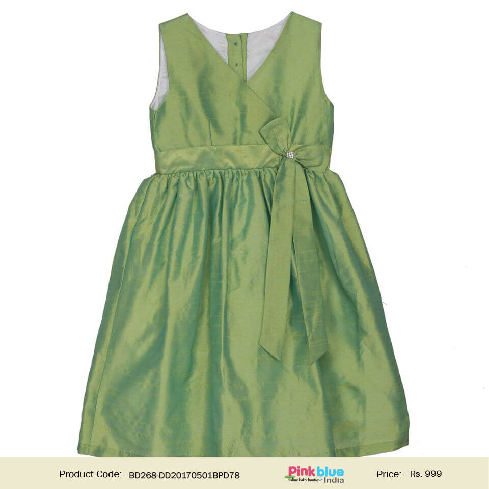 Baby Girl Bow Applique Green Sleeveless Party Wear Frock India