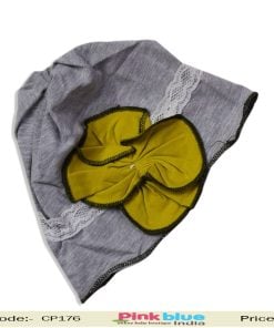 Buy Online Grey Baby Summer Cap With Mustard Bow and White Lace