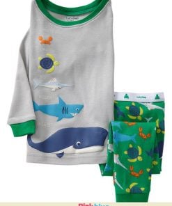 Elegant Grey Baby T-Shirt with Green Pajamas with Fish Print