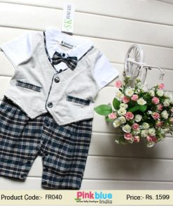Cute Grey, Black and Blue Infant Formal Romper in Checks and Bow