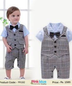 Grey Baby Bow Tie Tuxedo Romper Suit, Infants bow tie wedding outfit online