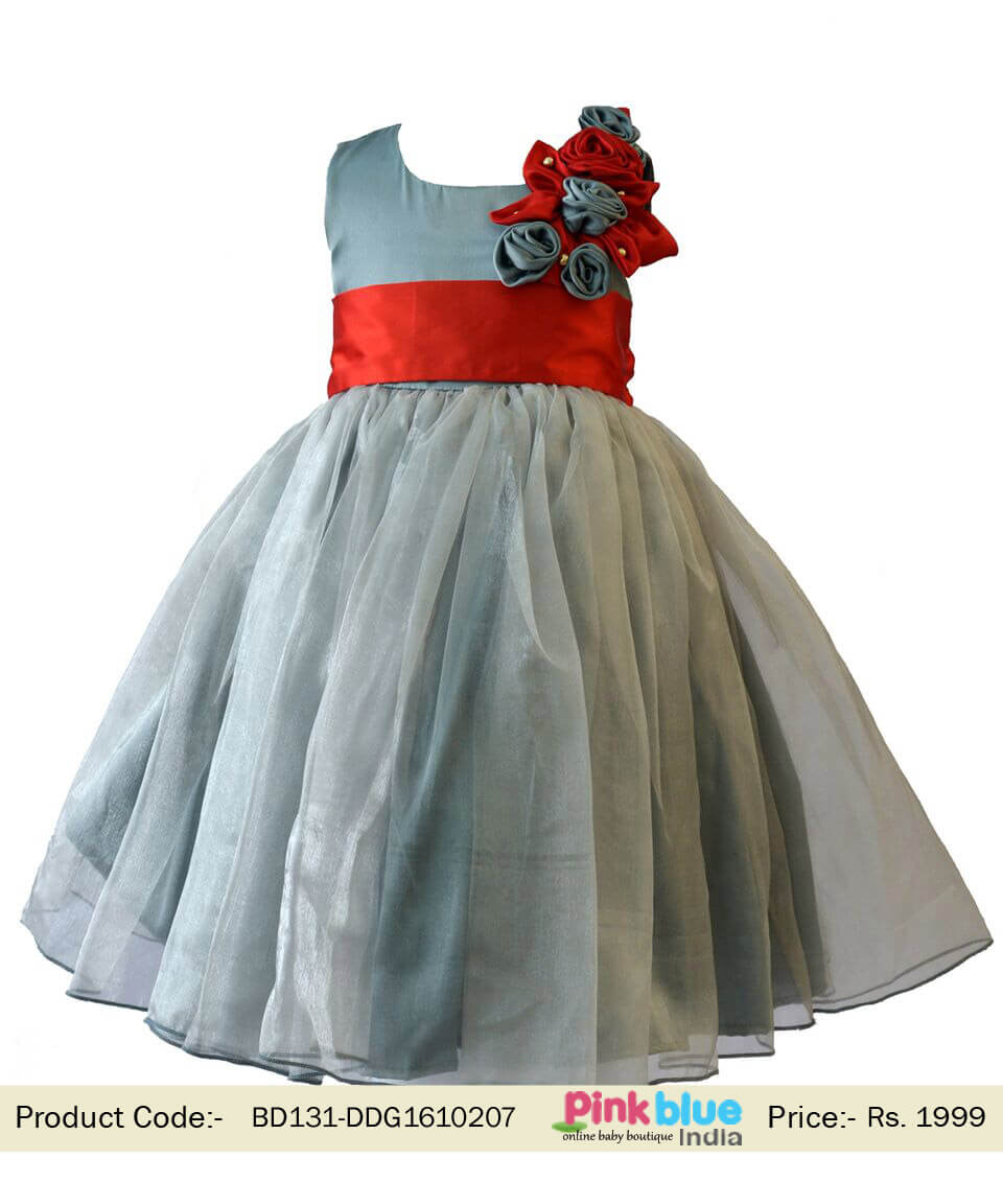 Buy Online Toddler Girls Grey Evening Wear Frock Red Belt