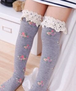 Knee Length Anti Slip Toddler Socks Grey Floral