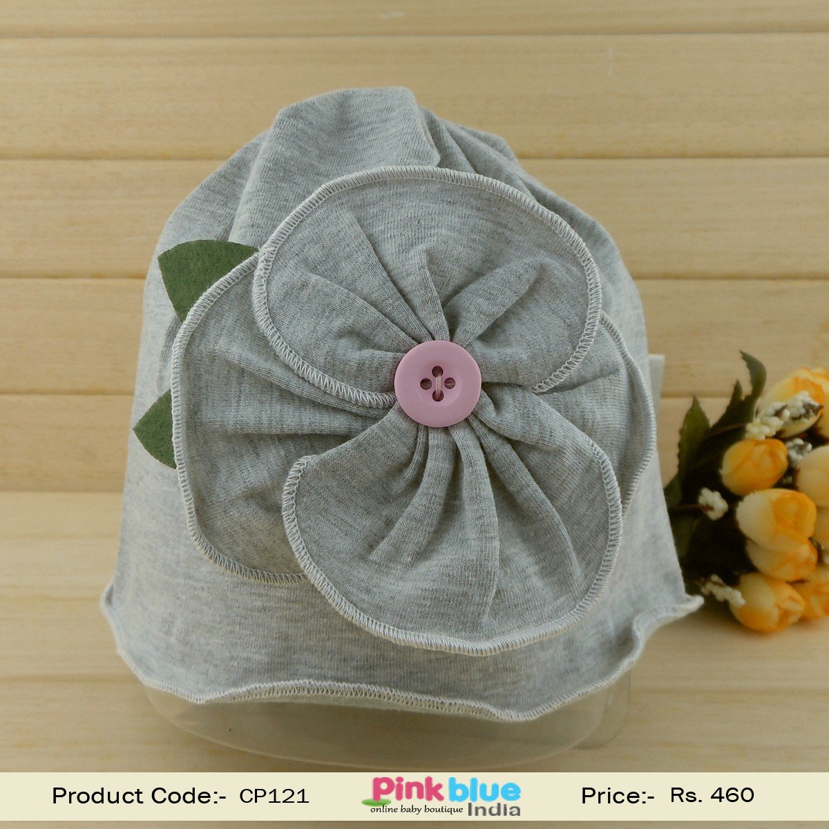 Gorgeous Grey Infant Designer Hat with Flower and Leaves on the Side