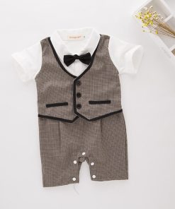 Grey Little Boy Romper Suit - Infant Half Sleeve Outfit with Bow tie