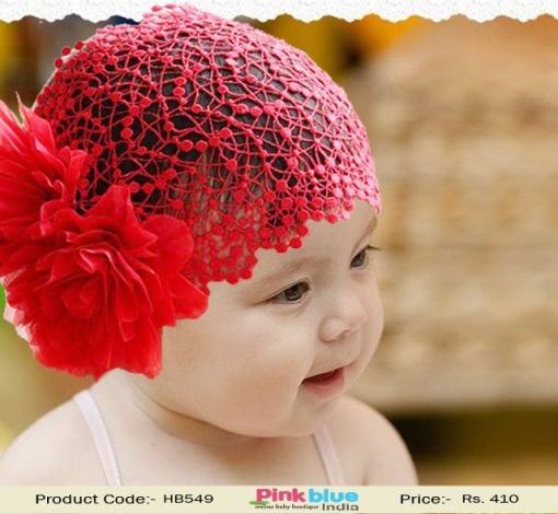 Broad Net Hair Band in Red with Big Flower on the Side for Newborn Princess