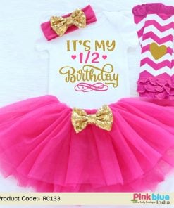 1/2 Birthday Outfit, 6 Months Birthday Dress, Gold Glitter Onesie Set, Tutu, Headband