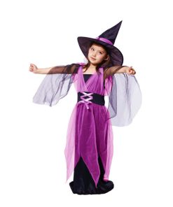 Purple Halloween Witch Fancy Dress Costume and Hats for Girls