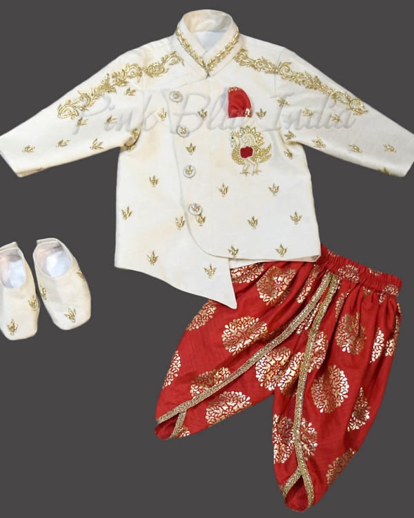 White dabka embroidered Work kurta with dhoti pants Baby boy