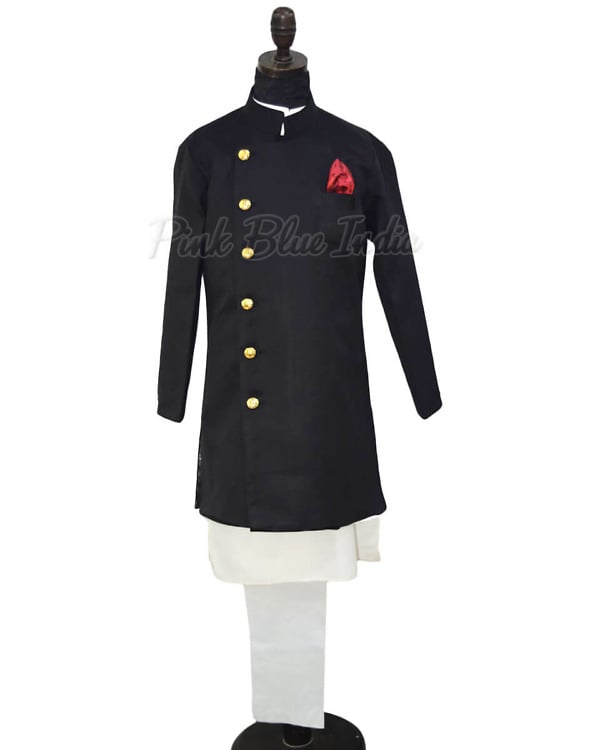 Indian Wedding Achkan Dress for Boys Black Color