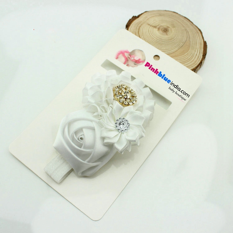 Gorgeous White Infant Baby Girl Headband with Three Flowers and Embellishments