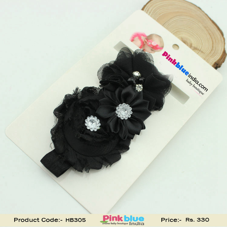 Gorgeous Infant Baby Girl Headband with Three Flowers in Black