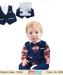 Infant Baby Boys Red White Check One Romper Set Blue Waistcoat dress