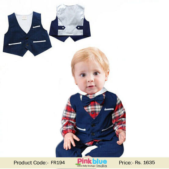 Infant Baby Boys Red White Check One Romper Set Blue Waistcoat dress