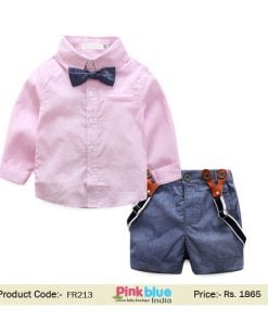 buy Infant Boy Wedding Outfit Gray Suspender Shorts, Bow Tie Formal Shirt