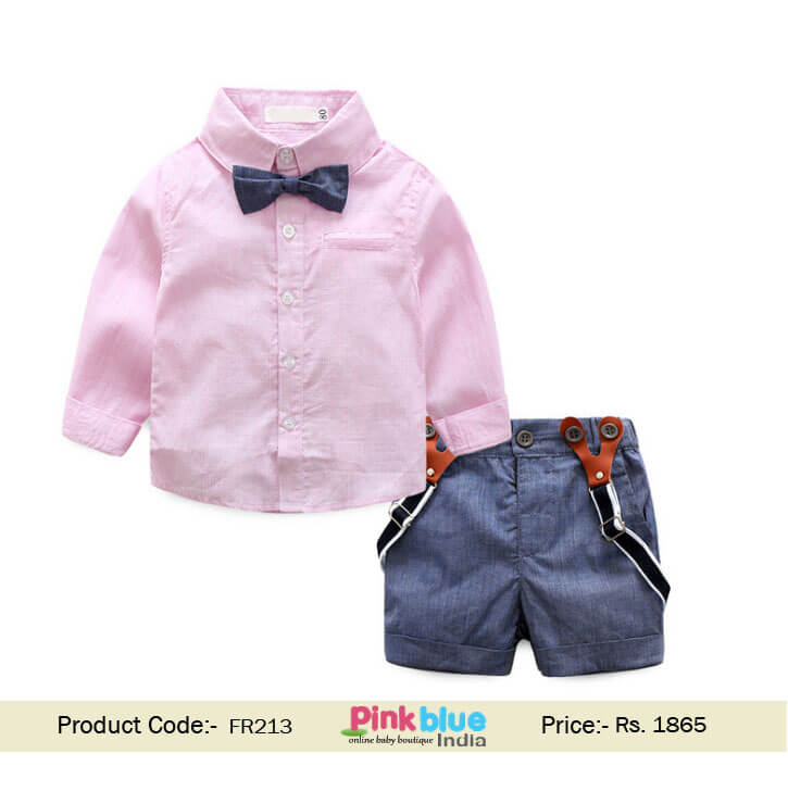 buy Infant Boy Wedding Outfit Gray Suspender Shorts, Bow Tie Formal Shirt
