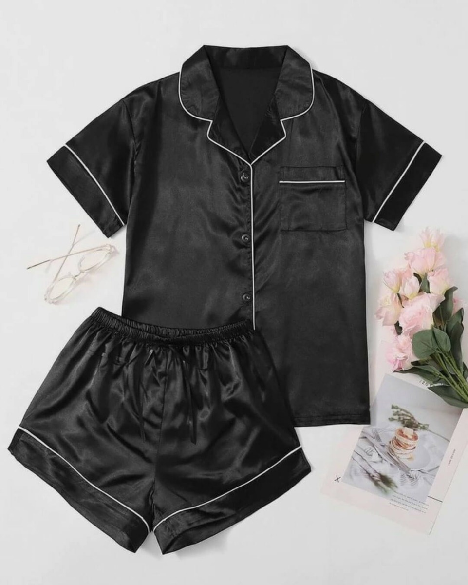 Kids Black Satin Night Suit – Baby Boy Girl Nightwear