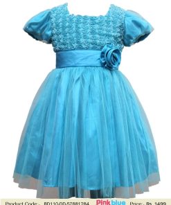 Baby Blue Rose Flower Girl Dress - kids Wedding Party Outfit