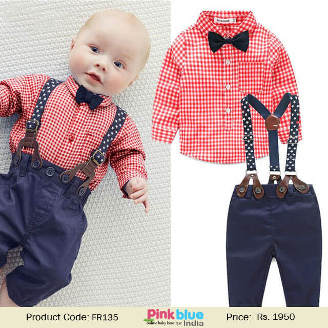 Baby Boy Party Wear Clothes Sets Bow Tie Shirt And Suspenders Pant