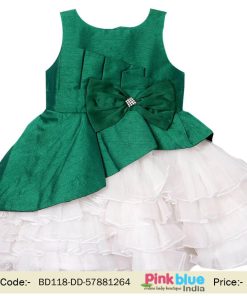 Kids Dark Green and White layered Knee Length birthday outfit Dress