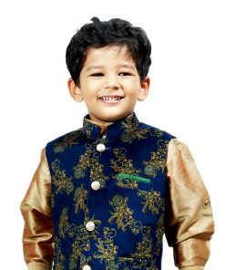 Boys Velvet Nehru Jacket with Golden Kurta Pajama Set For Wedding