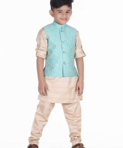 kids Indian Wedding Wear Set Ferozi kurta Pajama and jacket