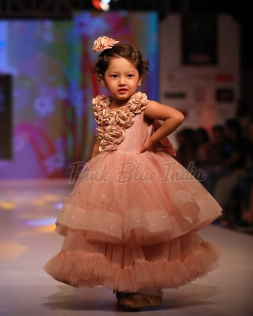 Birthday Dress - Girls Party Wear Beige Color Layered Gown