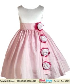 Pink and White Rose Flower Kids Party Wear Satin Dress India