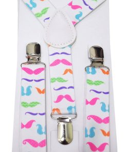 Kids White Suspenders for Boy with Colorful Moustache