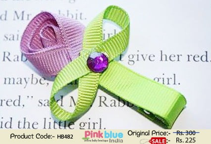 Lavender and Green Flower Shaped Designer Hair Clip for Baby Girls