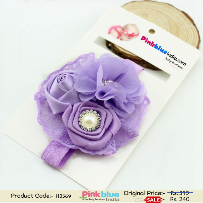 Buy Online Lavender Infant Headband with Flowers and Pearl Embellishment