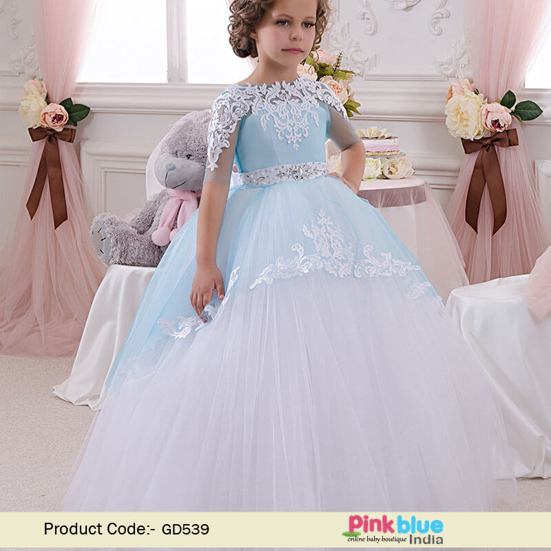 Lovely Blue Flower Girl Ball Gown Dress | Baby Couture Birthday Gown Online