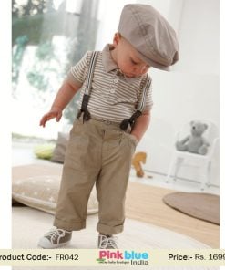 Toddler Boy Suspender Outfit with t-shirt and Brown Pant - Baby Boy Wear