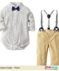 Little Boy Party Wear Outfit - Boys Bowtie Romper Shirt, Suspender Pants