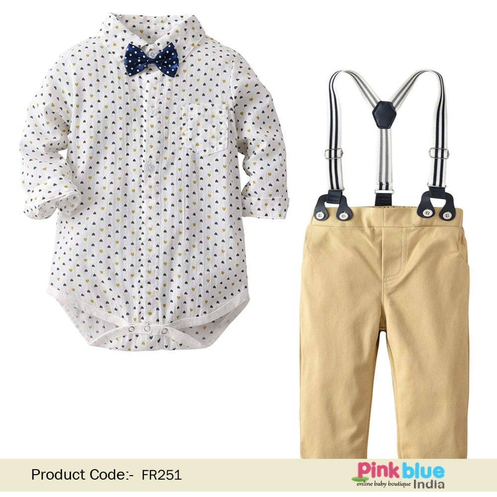 Little Boy Party Wear Outfit - Boys Bowtie Romper Shirt, Suspender Pants