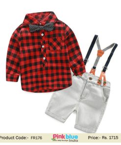 Little Boy Bow Tie Checked Shirt Suspenders Shorts Kids Outfit Set India