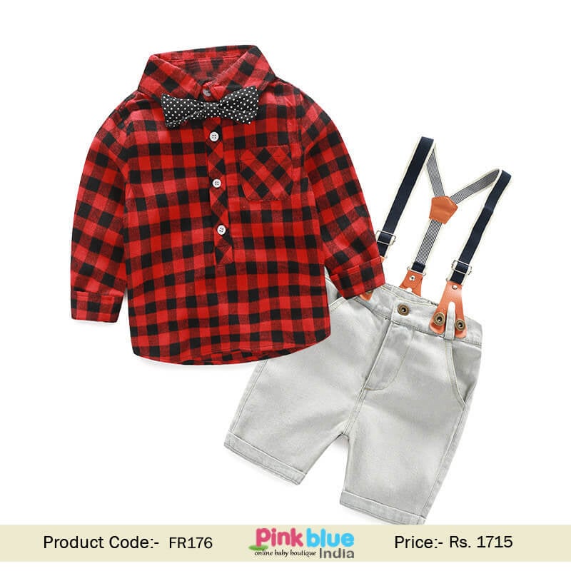 Little Boy Bow Tie Checked Shirt Suspenders Shorts Kids Outfit Set India