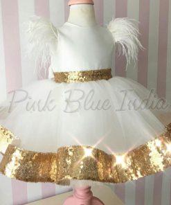 Little Girl White Party Dress, Kids White Gold Sequin Dress