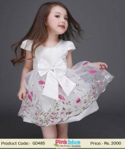 White Little Girl Floral Dress with Big Bow Summer Season 2017