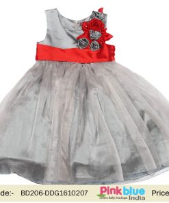 Grey Satin Floral Kids Partywear Dress – Baby Special Occasion Wear