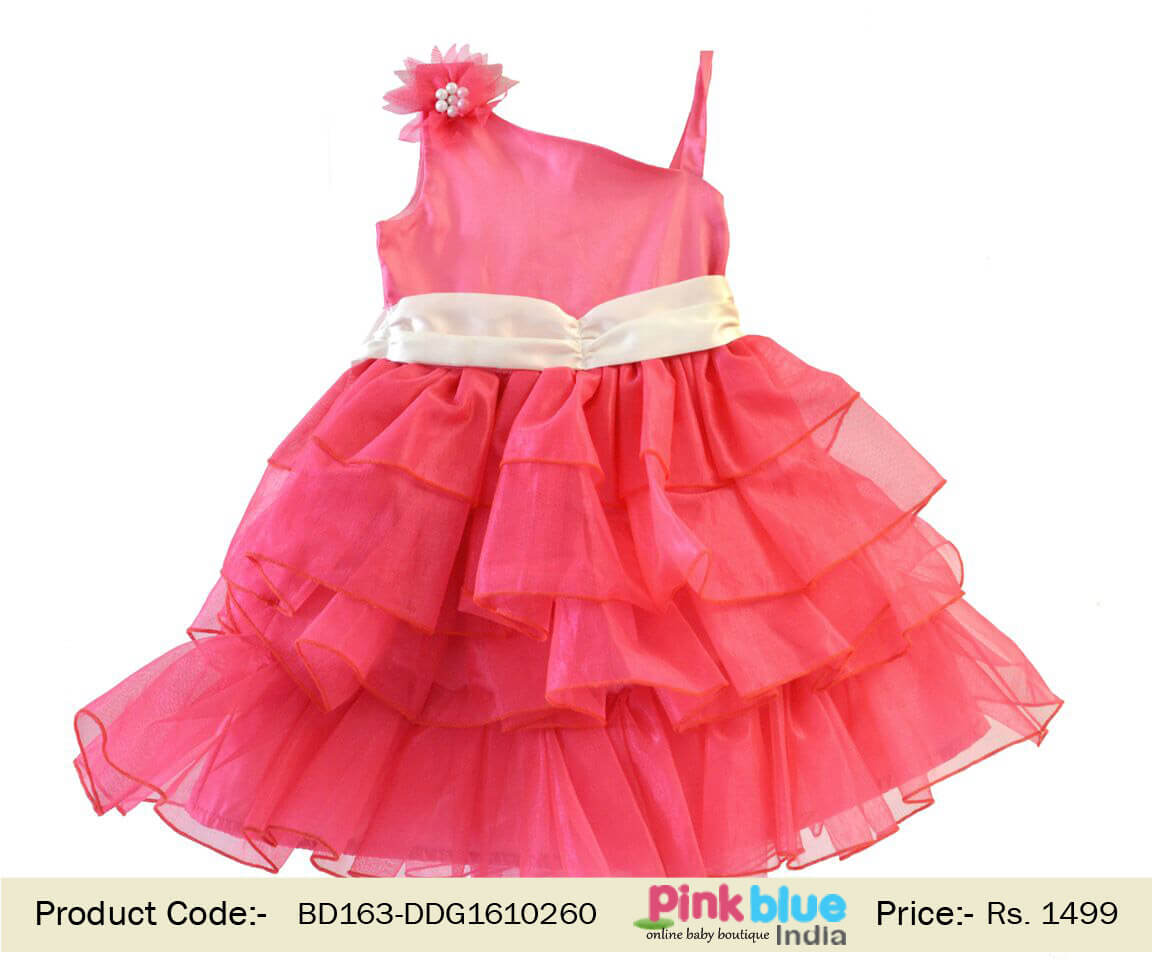 Pink One Shoulder 1st Birthday Outfit for Baby Girls