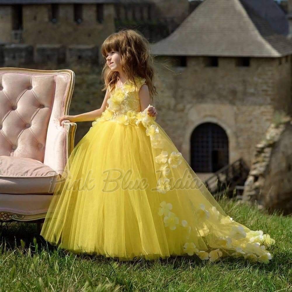 Baby Girl Lemon Yellow Gown, Luxury Long Tail Kids Party Dress