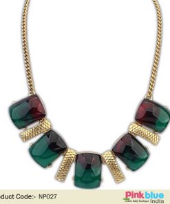 Maroon and Green Shaded Stone Studded Vintage Style Necklace